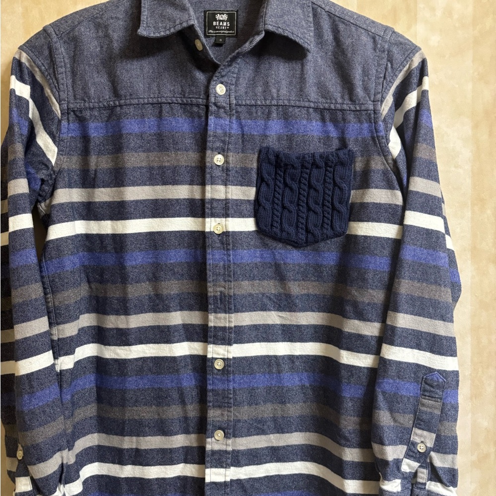 Navy Blue flannel &denim Striped Button Down Shirt by Beams Heart-,luxury brand
